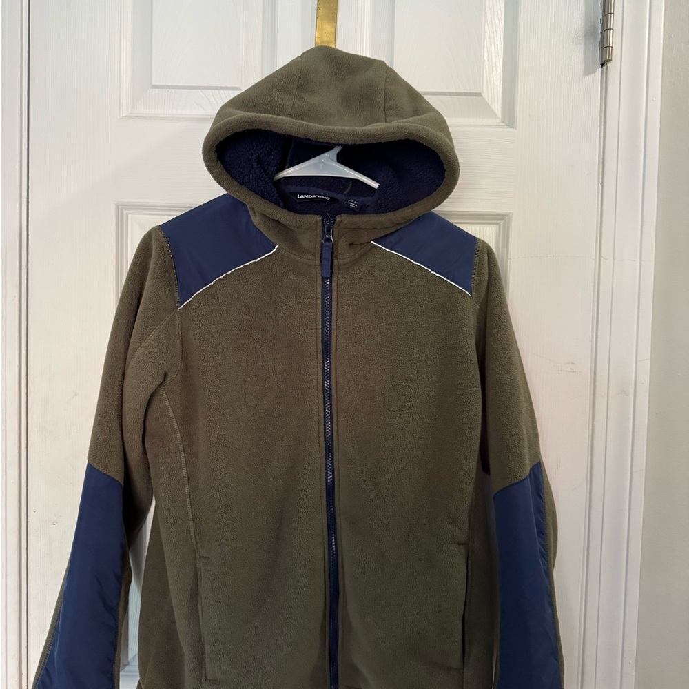 Lands' End Boys Green and Blue Hooded Heavy Fleece Jacket